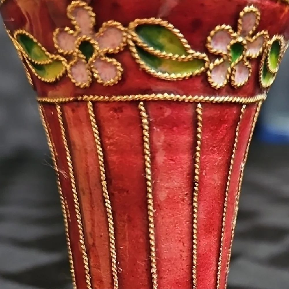 Vintage Chinese Cloisonné Red Enamel Egg Cup / Sake Cup Brass Floral Filigree
